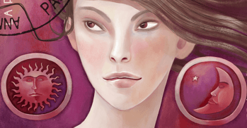 Woman looks to the side surrounded by sun and moon symbols