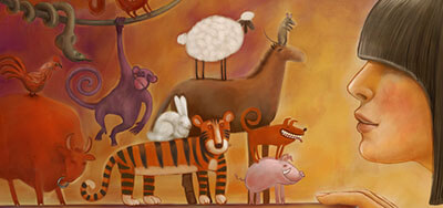 Woman looks on at animals of the Chinese zodiac
